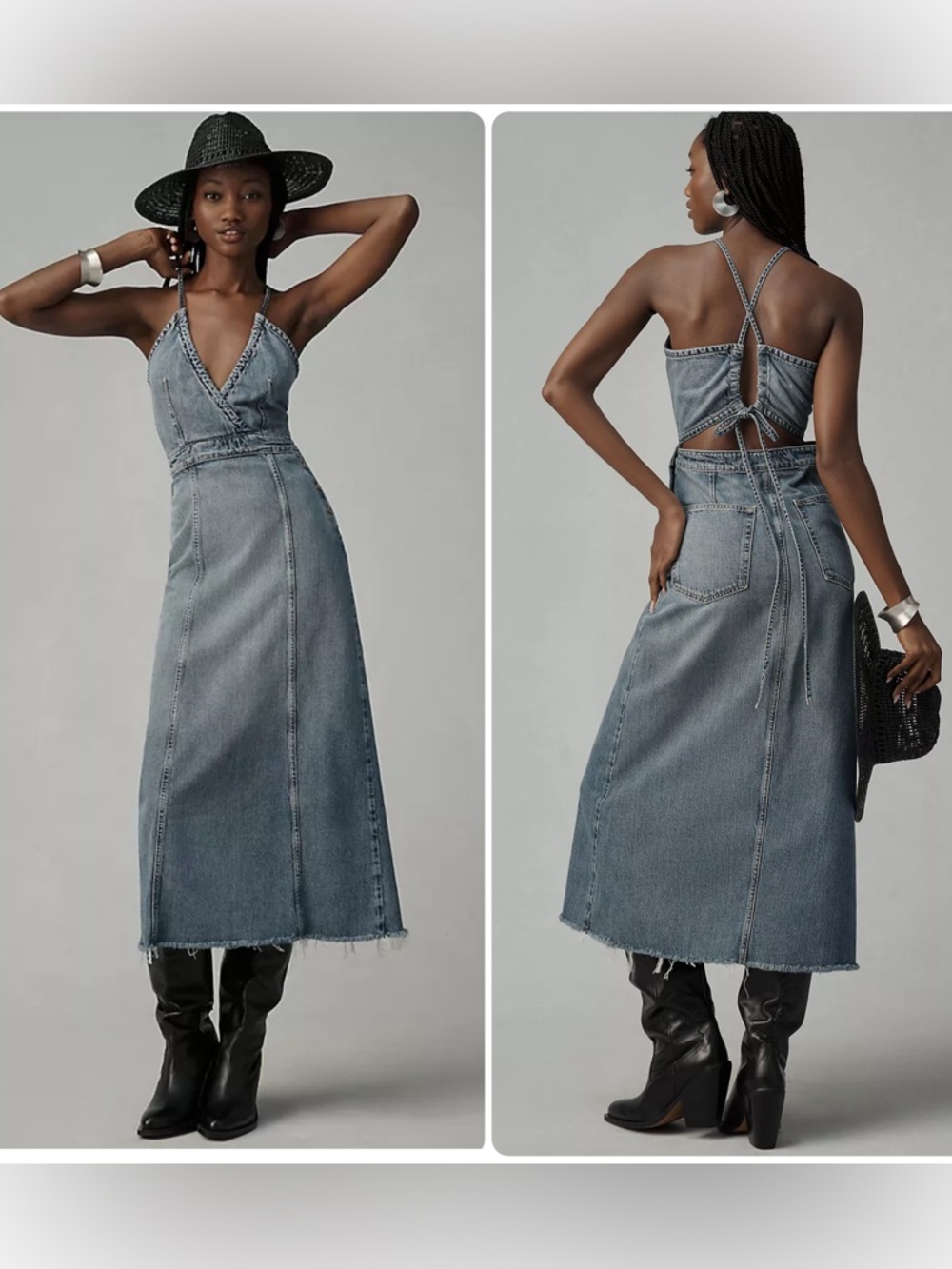 ETICA Callista Washed Denim Raw-Hem Tie Back Midi Jean Denim Dress NWOT $189